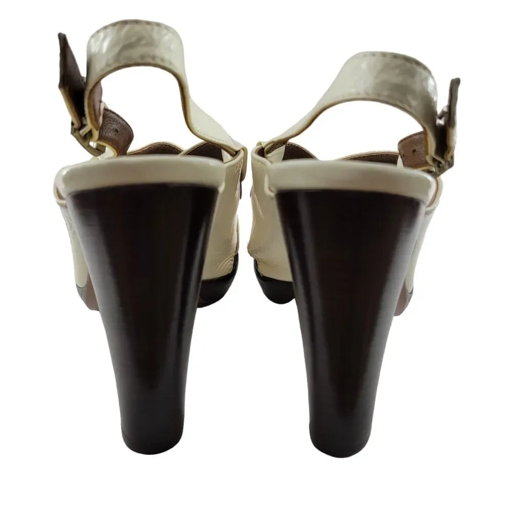 Marni Platform Heels Size 36 5.5-6 Cream Leather Wood Heel‎ Peep Toe Slingback